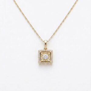 14K Gold Square Halo Pendant with Natural Diamonds