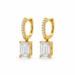 עגילי זהב 14K עם יהלומי אמרלד‑קאט תלויים (3.32ct VVS1)