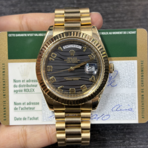 Rolex Oyster Perpetual Day-Date II / Yellow Gold / Fluted / Grey Arabic / President 218238 bkcap