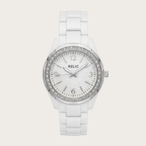 Relic Women’s White Ceramic‑Style Watch with Crystal Bezel
