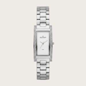 Skagen Women’s Rectangular Stainless Steel Watch – White Dial & Crystal Bezel