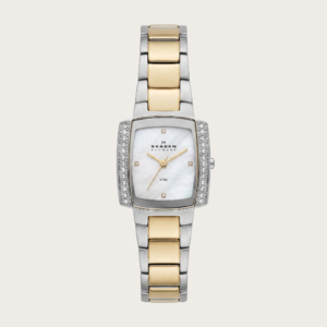 Skagen Women’s Two‑Tone Rectangular Stainless Steel Watch – Mother‑of‑Pearl Dial & Crystal Bezel