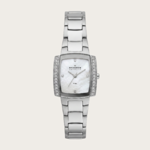 Skagen Women’s Rectangular Stainless Steel Watch – Mother‑of‑Pearl Dial & Crystal Bezel