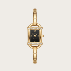 Pierre Cardin Women’s Gold‑Tone Rectangular Watch – Black Dial & Crystal Bezel