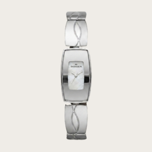 Skagen Women’s Rectangular Stainless Steel Watch – Mother‑of‑Pearl Dial & Silver Engraved Bracelet