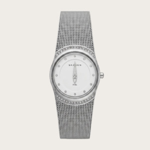 Skagen Women’s Silver Stainless Steel Mesh Watch – Crystal Bezel & White Dial
