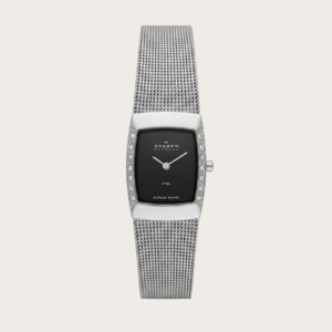 Skagen Women’s Rectangular Stainless Steel Watch – Black Dial & Silver Mesh Bracelet