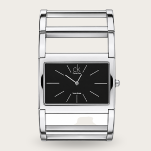 Calvin Klein Women’s Rectangular Stainless Steel Watch – Black Dial & Silver Open‑Link Bracelet