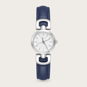DKNY Women’s Silver Stainless Steel Watch – White Dial & Blue Leather Strap