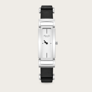 Kenneth Cole New York Rectangular Women’s Watch – Silver Case, Leather Bezel & Black Leather Strap