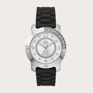 Juicy Couture Women’s Silver Watch – Crystal Bezel & Black Rubber Strap