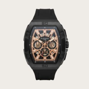 Platinum Time Men’s Black Tonneau Chronograph Watch – Rose‑Gold Skeleton Dial & Rubber Strap