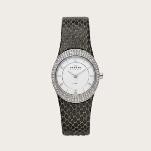 Skagen Women’s Crystal‑Bezel Stainless Steel Watch – White Dial & Textured Strap