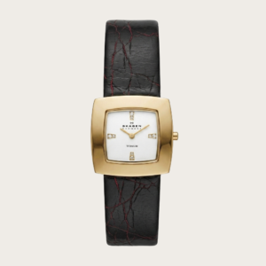 Женские квадратные титановые часы Skagen – белый циферблат, золотистый безель и черный кожаный ремешок