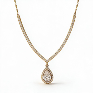 14K Gold CZ Stone V‑Shape Necklace with Pear‑Cut Centerpiece